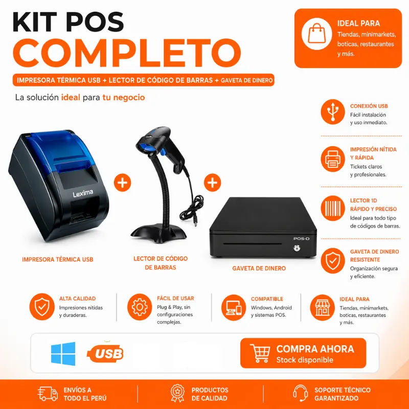 Impresora térmica 57mm + Lector de código barra + Gaveta de dinero 