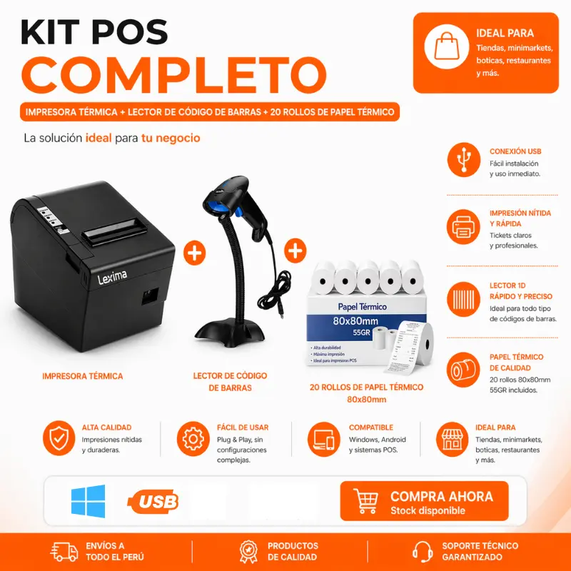 Impresora térmica  + Lector de código barra + Papel térmico 80mm